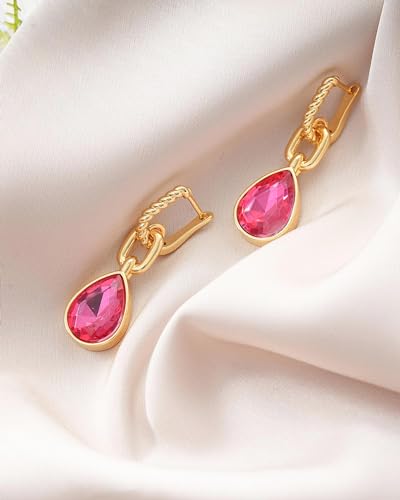 Crystals Teardrop Dangle Drop Earrings, 18K Gold Plated Hoop Earrings Zirconia Jewelry for Women Gifts - color: Rose Red-Long