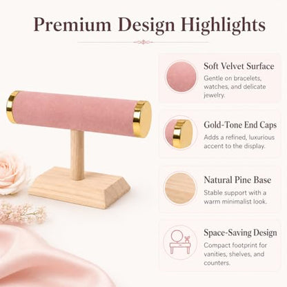 Jewelry Display T-Bar Stand, 9 Inch Pink Velvet Bracelet Holder with Gold-Tone End Caps, 1-Tier Bangle and Watch Stand with Natural Pine Base for Vanity and Retail Counter - color: Black