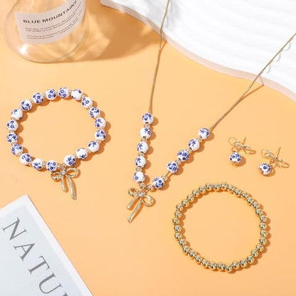 NEWITIN 2 Pieces Summer Beach Jewelry for Women Chunky Beaded Necklace Bracelet Trendy Big Resin Beaded Choker Boho Charm Statement Colorful Jewelry Set for Women - color: Gold Bow A