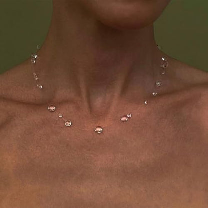 Dew Drop Crystal Lariat Necklace for Women Long Y-Shaped Pendant with Clear Beads Elegant Minimalist Jewelry