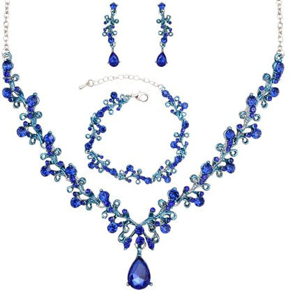 3Pcs Austrian Crystal Jewelry Set for Women, Necklace Dangle Earrings Link Bracelet Jewelry Set with Gold/Platinum/Gun Plated, Wedding Party Jewelry for Bridal Bridesmaid - color: Deep Blue-Platinum Plated