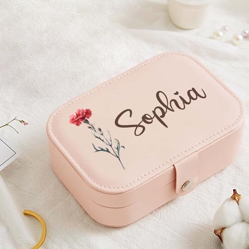 Personalized Jewelry Box Gifts for Women Custom Travel Jewelry Case Organization Leather Customized Birthday Anniversary Bridesmaid Gifts - color: 008-Pink/White-Flower