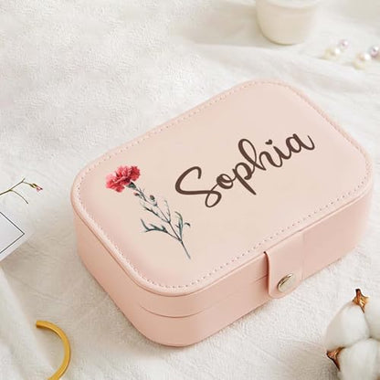 Personalized Jewelry Box Gifts for Women Custom Travel Jewelry Case Organization Leather Customized Birthday Anniversary Bridesmaid Gifts - color: 008-Pink/White-Flower