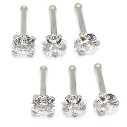 6-Piece Nose Piercing Studs Set, 20G Stainless Steel Nose Studs, 3mm Crystal Heart Star Round Shapes, 0.8x7mm Bone - color: White