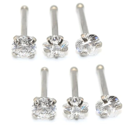 6-Piece Nose Piercing Studs Set, 20G Stainless Steel Nose Studs, 3mm Crystal Heart Star Round Shapes, 0.8x7mm Bone - color: White