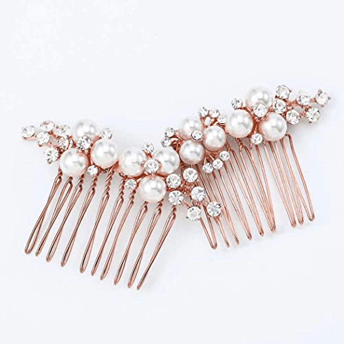Asooll Gold Wedding Pearl Hair Comb Bride Crystal Headpiece Bridal Rhinestone Hair Clip Hair Accessories for Women(Set of 2) (C-Rose Gold) - color: C-Rose Gold