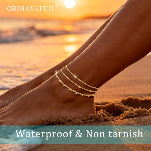 Sterling Silver Ankle Bracelets for Women 14k Gold Plated Waterproof Layered Stackable CZ Charm Non Tarnish Adjustable Anklet for Summer Beach Birthday Jewelry Gift - color: gold C