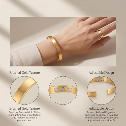 Calming Bracelet Ring Set for Women, Menopause Bracelets Adjustable Bangle Stainless Steel Cuff Climacterium Anxiety Stress Relief Energy Open Jewelry Gift - color: Gold PRO + Gold
