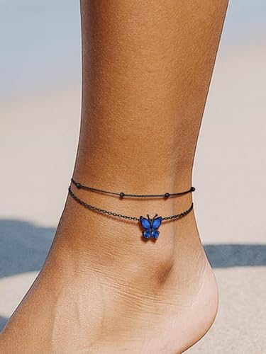 Richsteel Double Layer Heart/Butterfly Birthstone Anklet for Women | Non Tarnish Waterproof, Silver/Gold/Black Stainless Steel 8.5-10.5 Inch Adjustable Chain Anklets Summer Beach Foot Jewelry - color: Black Butterfly-09 Sep.(Sapphire)