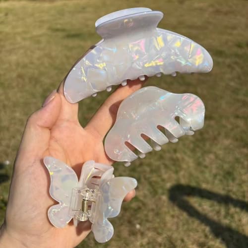 White Jelly Hair Clips 3-Pack, Large Medium & Small Claw Clips for Women, 4.5, 3.1 & 1.8 Inch Sparkly Jelly Clips for Thick and Thin Hair, Strong Hold Hair Accessories Gift Set | 3 Sizes
