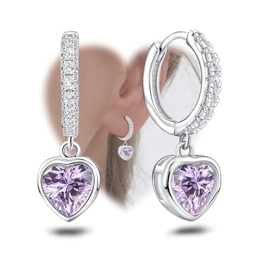 Heart Hoop Earrings with Dangle Sterling Silver Love Heart-Shaped Loop Earrings for Women Hypoallergenic Sparkle Birthstone Cubic Zirconia Hoop Earring with Dangling Charms Dainty Fashion Jewelry Gift - color: Purple
