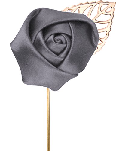 Gentleman's Essentials Premium Handmade Flower Lapel Pin Boutonniere - color: Carbon Grey [Rose Gold Leaf]