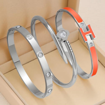 3Pcs Gold Bracelets for Women 14K Gold Plated Love/H/Nail Bangle Bracelet Dainty Non Tarnish Bracelet Jewelry Christmas Mothers Day Gifts for Women - color: 3Pcs Silver/Orange H bracelet