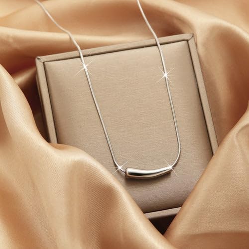 inimalist Silver-Tone Curved Bar Pendant Necklace – Sleek Polished Cylinder Charm on Dainty Snake Chain – Modern Geometric Jewelry