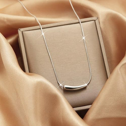 inimalist Silver-Tone Curved Bar Pendant Necklace – Sleek Polished Cylinder Charm on Dainty Snake Chain – Modern Geometric Jewelry