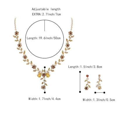 Women's Wedding Jewelry Set for Bride,Prom Bridal Accessories | Bling Crystal,Flower Leaf Cluster,Dangle Earrings Pendant Necklace Set,for Bridesmaid,Party Jewellery - color: 10-Champagne Gold-Plated-Base