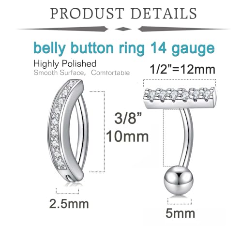QWALIT Belly Button Rings 14G Surgical Steel Belly Rings CZ Opal Navel Piercing Jewelry for Women Girls 3/8" 10mm Silver Rose Gold - color: B21- clicker+ T bar-7pcs silver