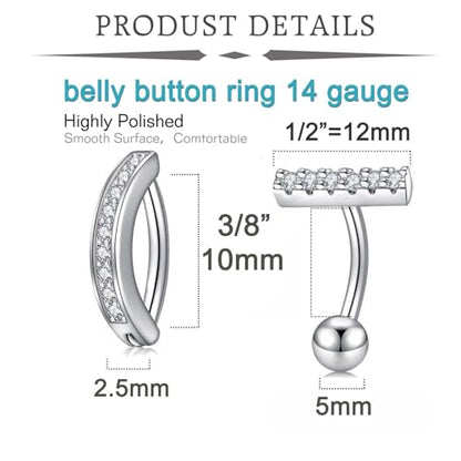 QWALIT Belly Button Rings 14G Surgical Steel Belly Rings CZ Opal Navel Piercing Jewelry for Women Girls 3/8" 10mm Silver Rose Gold - color: B21- clicker+ T bar-7pcs silver