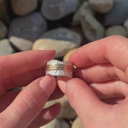 Vintage Hammered Texture Wide Band Ring, 15mm Wide Brass Double Plated (Silver & Gold) with Wavy Edge and Triple Gold Wire Inlay