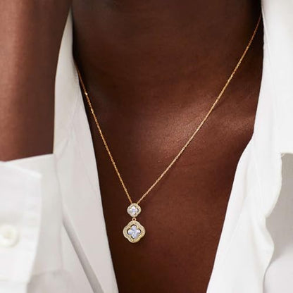 14K Gold Plated | 14K Platinum Plated Necklace for Women Necklace Earrings Set with Sparkling Zircon Inlay and Silver Post Earrings - color: Double floral necklace set silver