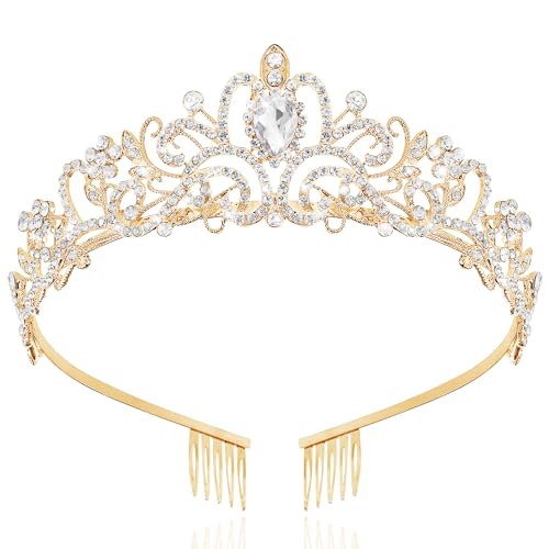 TAROSE Tiaras for Women, Birthday Crown and Sash for Girls | Birthday Sash Sunglasses Outfit, Birthday Gift for Women Girls, Goddess Crown Bride/Halloween/Prom/Party/Costume - color: 1 B. Gold+white