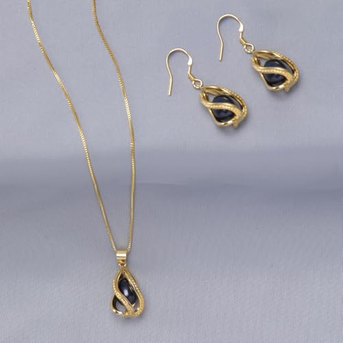 Pearl Jewelry Set For Women S925 Sterling Silver/14K Gold Plated Necklace & Earrings Set Freshwater Pearl Pendant Cage Set for Wedding Anniversary Prom Birthday Gift - color: Golden-Black