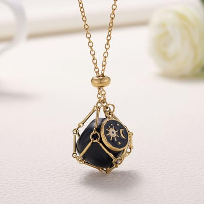 MIXJOY Black Obsidian Crystal Necklace for Women, Sun and Moon Celestial Pendant Protection Gift for Halloween Christmas - style: Small