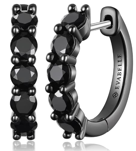 Evabelle Gold Hoop Earrings for Women 14K Real Gold Plated Cubic Zirconia Diamond Hoop Earrings Huggie Hoop Earring Women Earrings Earring for Men 925 Sterling Silver Post Hypoallergenic - color: Hoops 08-Black Ring and Stone