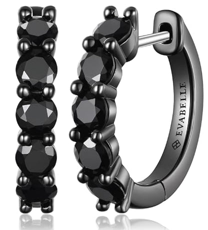 Evabelle Gold Hoop Earrings for Women 14K Real Gold Plated Cubic Zirconia Diamond Hoop Earrings Huggie Hoop Earring Women Earrings Earring for Men 925 Sterling Silver Post Hypoallergenic - color: Hoops 08-Black Ring and Stone
