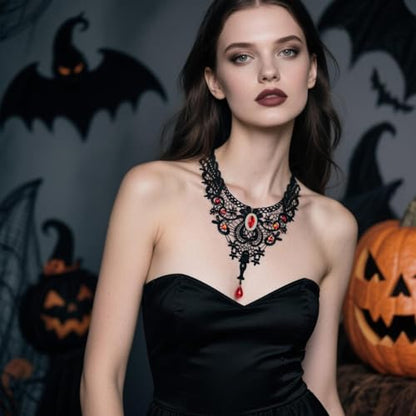 Vampire Choker Necklace for Women Gothic Lace Choker Necklace Y2K Goth Red Black Zirconia Pendant Necklaces Halloween Dark Bridal Vampire Costume Jewelry Accessories - style: Style-J
