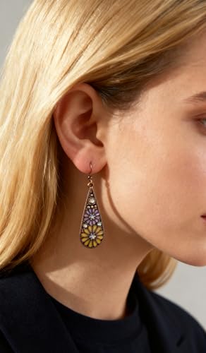 Bohemian Crystal Teardrop Dangle Earrings, Copper, Tribal Geometric Design, Handmade National Style for Women - color: Yellow