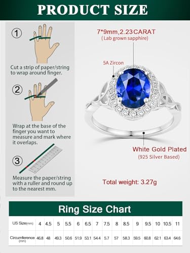 2-3 Carat Oval Engagement Ring 925 Silver Celtic Knot Birthstone Rings for Women Hypoallergenic Amehtyst/Aquamarine/Emerald/Ruby/Sapphire Cocktail Rings Jewelry Size 6-10 - color: B. Sapphire