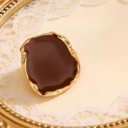 Chunky Gold Big Black CZ Enamel Drip Rings for Women Statement, Unique Large Crystal Silver Cocktail Ring Set Punk Geometric Jewelry Accessories Gifts - color: Brown 2