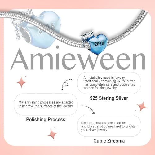 S925 Charms for Bracelets and Necklaces, Gifts for Mothers Nurses Day Graduation, for Girlfriend Family Friend, Bead Pendant, for Pandora, Silver 14K Gold Plated Enamel CZ, DIY Jewelry Making - style: 2026 Grad Blue Heart Charm
