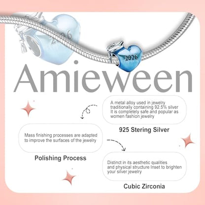 S925 Charms for Bracelets and Necklaces, Gifts for Mothers Nurses Day Graduation, for Girlfriend Family Friend, Bead Pendant, for Pandora, Silver 14K Gold Plated Enamel CZ, DIY Jewelry Making - style: 2026 Grad Blue Heart Charm