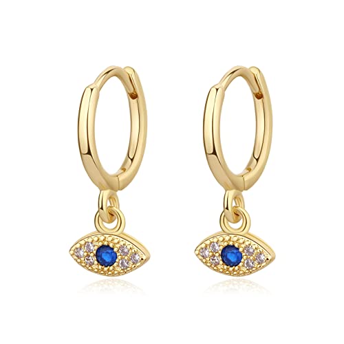 DAILY VIBES Cute Gold Mini Dangle Huggie Hoop Earrings for Women Trendy | 14K Gold Plated, Dainty Cubic Zirconia, Small Hoop Earrings with Charm Drop, Jewelry Gift for Women Ladies - color: Evil Eye CZ