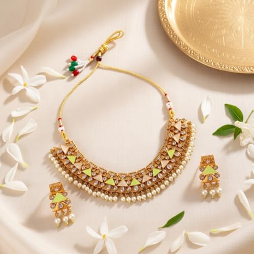 Efulgenz Indian Wedding Antique Crystal Faux Pearl Necklace Set for Women - color: Mint