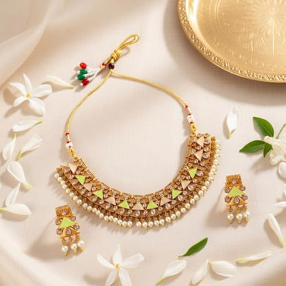 Efulgenz Indian Wedding Antique Crystal Faux Pearl Necklace Set for Women - color: Mint