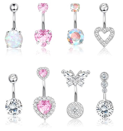 Dochais Pink Heart Belly Button Ring Piercing 8Pcs 14G Surgical Stainless Steel Navel Piercing Hypoallergenic Cute Created-opal Butterfly Belly Button Rings for Women - color: Silver