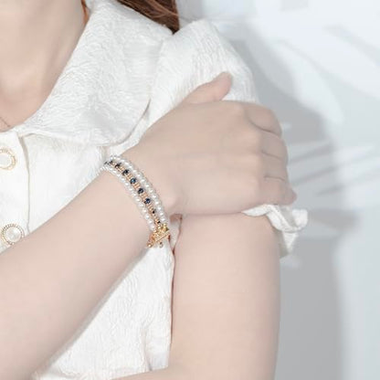 18K Gold Plated Faux Pearl Beaded Bracelet for Women | Vintage Design No Tarnish Finish Gift Box for Birthdays Weddings Anniversaries and Everyday Wear