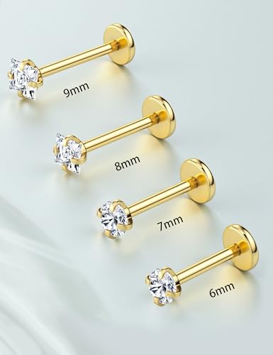 JeryWe 18G 16G Flat Back Earrings Studs for Women - Hypoallergenic Surgical Steel Internal Thread CZ Stud Earrings Stacks 14K Gold Plated Tragus Labret Helix Cartilage Conch Nose Stud Piercing Jewelry - color: 14K Gold Plated, size: 18G(1.0mm)