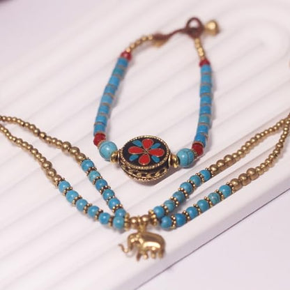 Petite Adjustable Boho Bracelet for Small Wrists 6-7.5 Inch - Handmade Nepalese Buddhist Prayer Bracelet with Elephant Charm, Brass Bell, Turquoise Stone & Tibetan Mantra Beads, Spiritual Lucky Gift - color: Blue-2Pcs