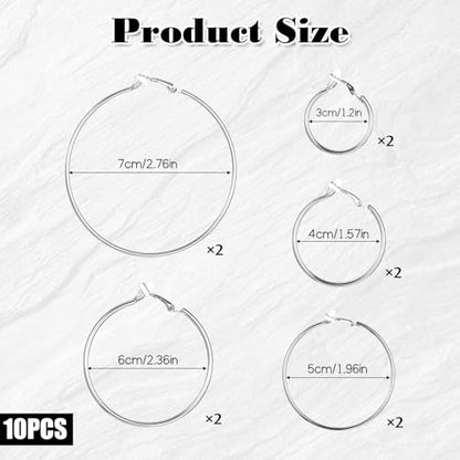 5 Pairs Stainless Steel Clip on Earrings Hoop 5 Sizes 30/40/50/60 /70mm Earrings for Women Thin Lightweight Dangle Set