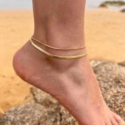 Risamil 14K Gold Plated Ankle Bracelets for Women, Anklets for Women Waterproof Layered Ankle Bracelets for Women Teen Girl Herringbone Anklet Set Summer Foot Jewelry Gifts - color: 2PCS-02