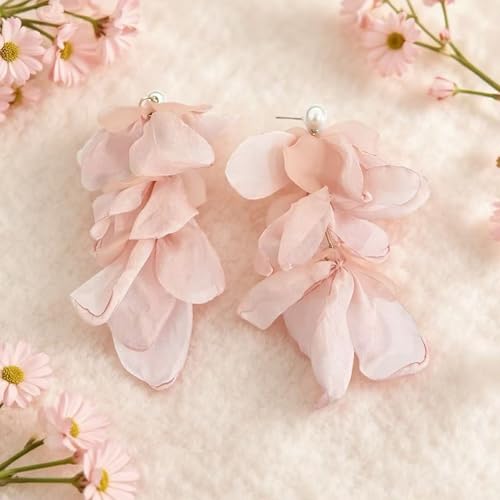 Handmade Bohemian Lightweight Fabric Flower Dangle Drop Earrings Chic Pearl Large Tassel Petal Stud Earrings For Women - color: Meat Pink