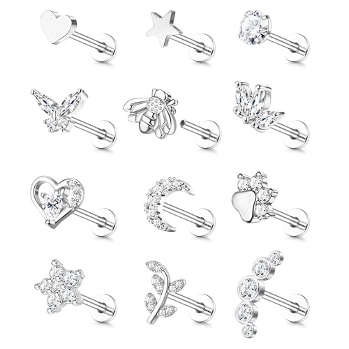 YADOCA 16G 18G Helix Flat Back Tragus Piercing Jewelry Earrings for Women | Hypoallergenic Surgical Steel Cartilage Earrings Daith Conch Medusa Nose Piercing Jewelry Gold Stud Earrings Set 6 7 8 10 MM - color: Silver, size: 16G(1.2MM)-6MM-Classic