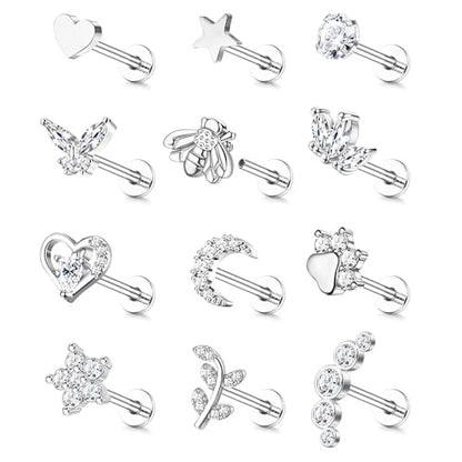 YADOCA 16G 18G Helix Flat Back Tragus Piercing Jewelry Earrings for Women | Hypoallergenic Surgical Steel Cartilage Earrings Daith Conch Medusa Nose Piercing Jewelry Gold Stud Earrings Set 6 7 8 10 MM - color: Silver, size: 16G(1.2MM)-6MM-Classic