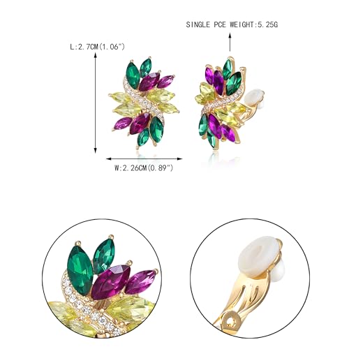 EVER FAITH Sparkly Rhinestone Clip-on Earrings for Women Bride, Fashion Marquise Crystal Cluster Wedding Bridal Stud Earring for Prom Formal Party - color: Purple Green Yellow Gold-Tone