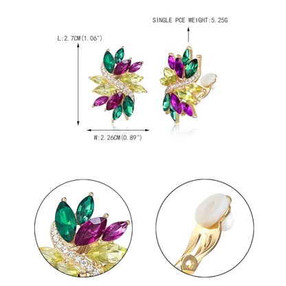 EVER FAITH Sparkly Rhinestone Clip-on Earrings for Women Bride, Fashion Marquise Crystal Cluster Wedding Bridal Stud Earring for Prom Formal Party - color: Purple Green Yellow Gold-Tone