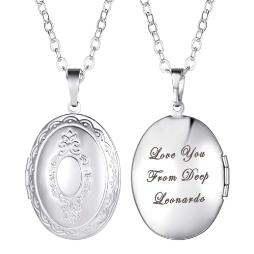 U7 Custom Photo Locket Necklace - Oval & Heart Shaped Locket - Gold/Silver/Rose Gold Personalized Image Necklaces for Women - color: 01-Oval Platinum, style: b. locket+text